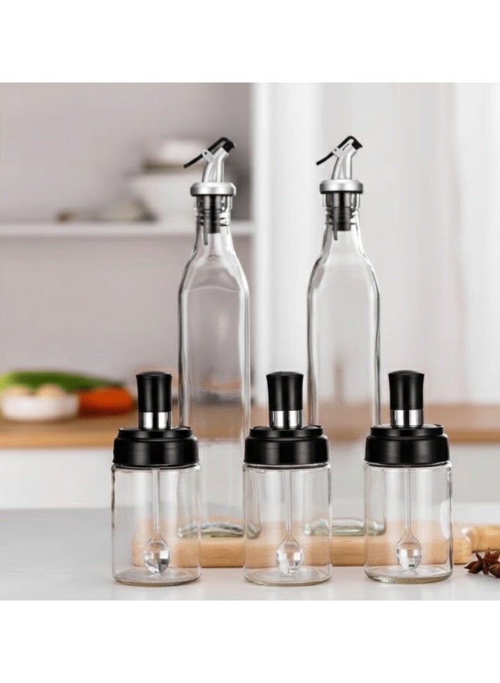 RR BRAND Set of 2 Oil & Vinegar Bottles (500 ml) and 3 Glass Spice Jars with Spoons – Clear Kitchen Storage Set - Image 5